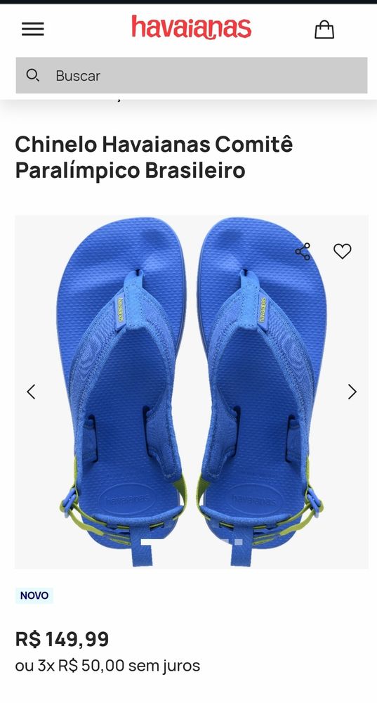 Imagem do chinelo Havaianas lançado em parceria com o Comitê Paralímpico. Print do site onde o produto é vendido por 149,99. Trata-se se um chinelo com tira no calcanhar.