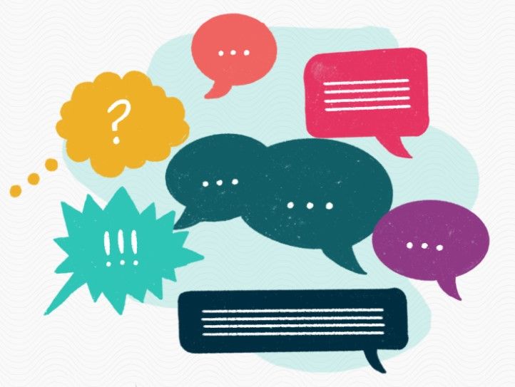 A variety of speech bubbles in different shapes and colours with lines or punctuation marks inside them.