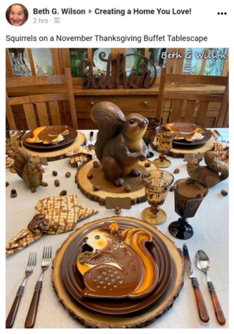 A Thanksgiving table covered with squirrel-themed decorations.