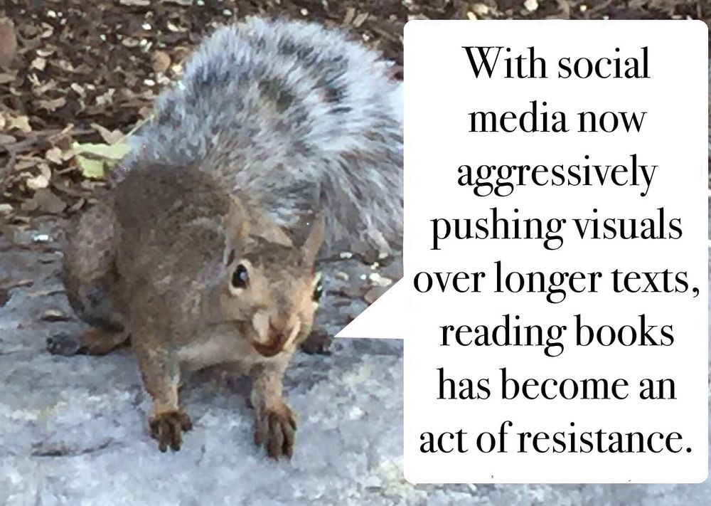 A grey squirrel says “With social media now aggressively pushing visuals over longer texts, reading books has become an act of resistance.”