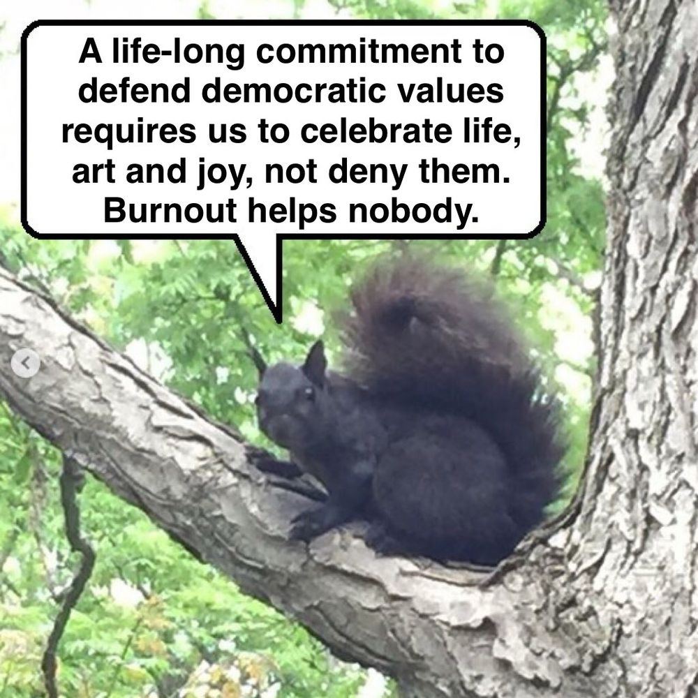 A black squirrel in a tree says “A life-long commitment to defend democratic values requires us to celebrate life, art and joy, not deny them. Burnout helps nobody.”