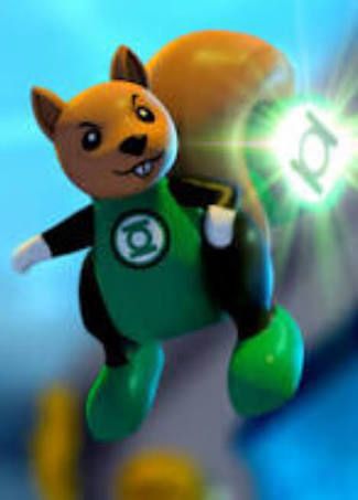 Lego squirrel Green Lantern Ch’p using the green power of the Green Lantern ring.