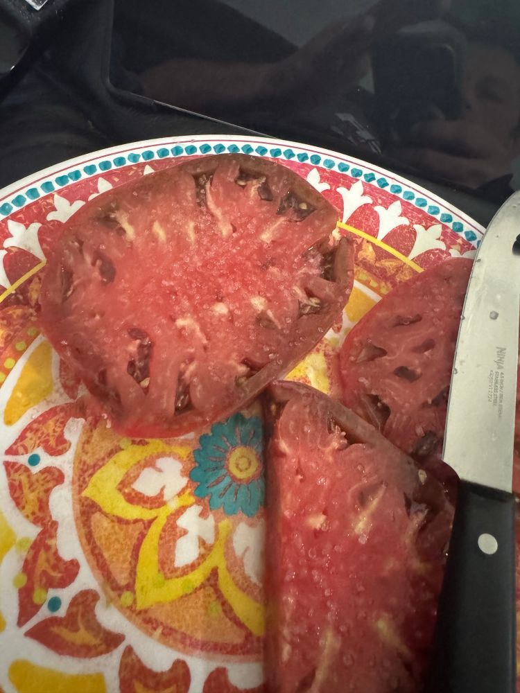 Large slices of tomato on a plate with salt and a knife. 