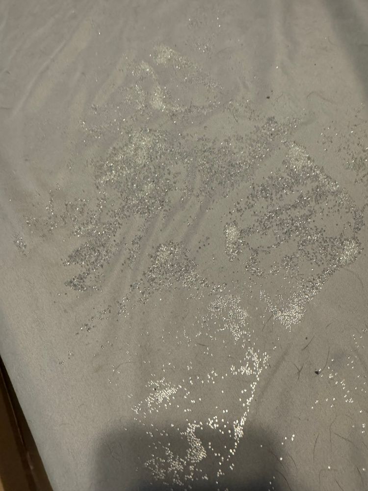 Sooooo many shiny and extremely small beads all over a grey sheet. 