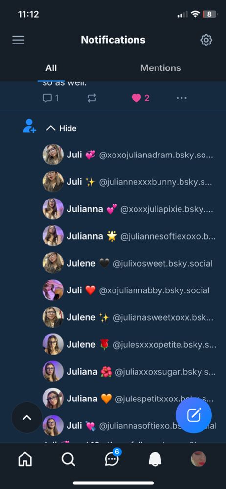 A list of followers with the same name and photo, in several different variations. 