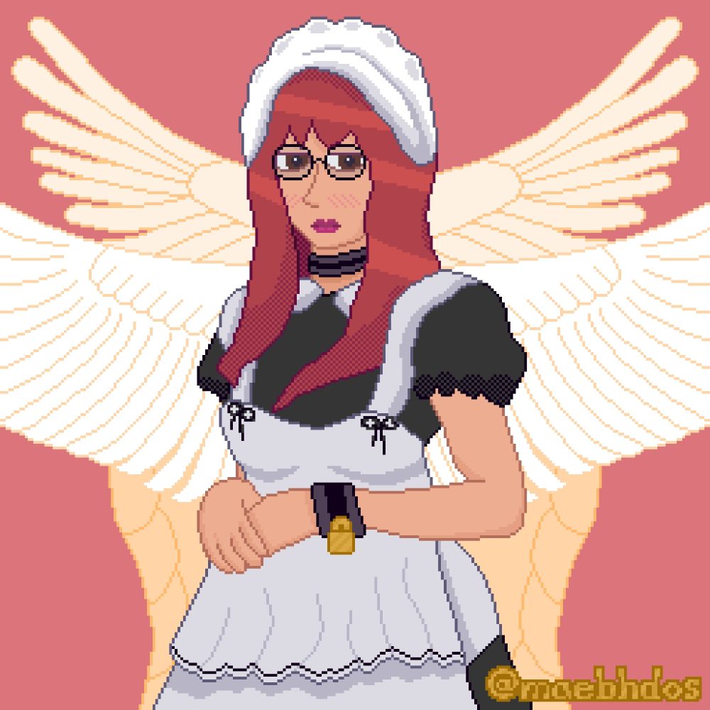 Abdiel Angelmaid (2023) a woman with red hair and wings in a french maid outfit. she wears glasses, a black collar, and wrist cuffs with golden locks. she has a neutral / bored expression and is looking slightly away from the viewer. she's also blushing slightly. this is my OC named Abdiel who quit being an angel and became a maid and submissive to a vampire empress.