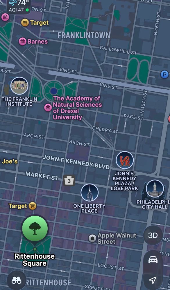 Map of Philadelphia with parks and plazas highlighted 