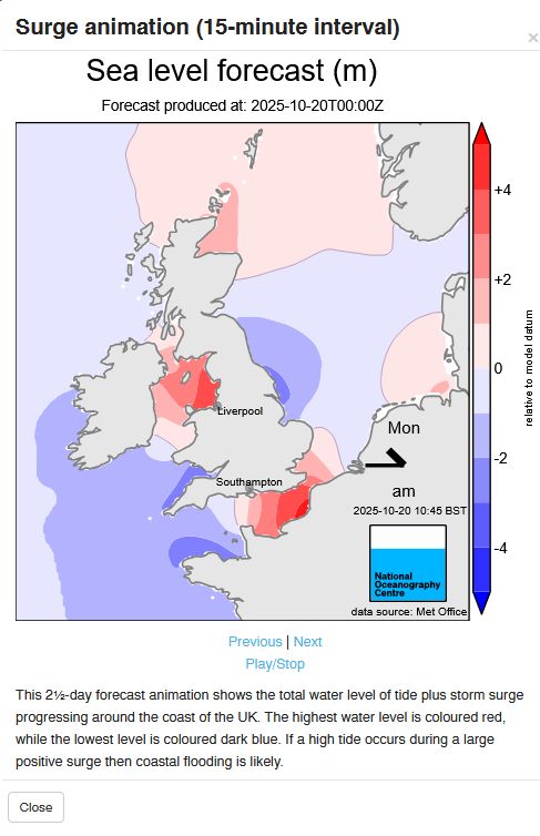 Still from an animation of the tide around the UK & Ireland at 10:45BST on 20th October 2025. There is High Water (red, the tide is "in") at Liverpool, north east Scotland and near Dover. There is Low Water (blue, the tide is "out") in Cornwall and Brittany, southern Ireland and Hull. Heights measured are in metres from a model zero which is roughly (it's complicated!) local mean sea level.
Text at the bottom: "This 2½-day forecast animation shows the total water level of tide plus storm surge progressing around the coast of the UK. The highest water level is coloured red, while the lowest level is coloured dark blue. If a high tide occurs during a large positive surge then coastal flooding is likely."