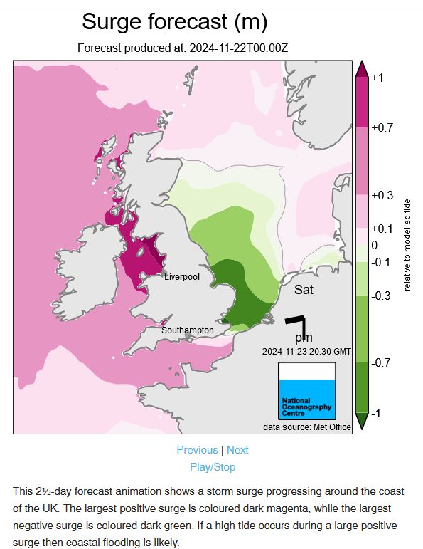 Surge residual (total water level minus tide) map for the UK on Saturday evening. Surge on the north west coast of England of over 1m. At that time low levels in the southern North Sea. High levels will follow there later.
