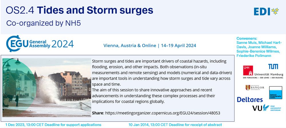 Flyer for Tides and Storm Surges session at EGU 2024 (Vienna, April 14-19). Convened by Sanne Muis, Michael Hart-Davis, Jo Williams, Sophie-Berenice Wilmes and Fredericke Pollmann.