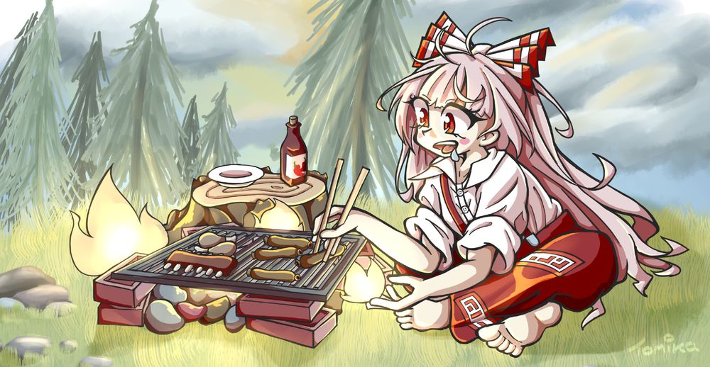 A drawing of Mokou from Touhou grilling various meats in a grassy area, using her ability to keep the fire ablaze.