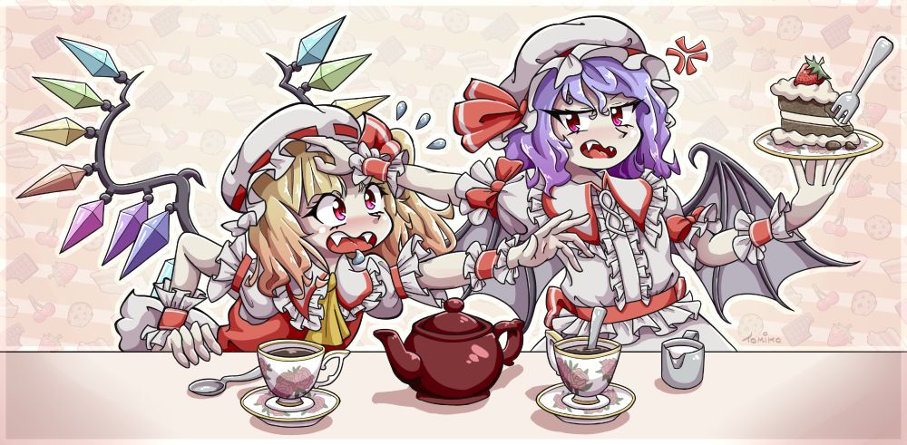 Drawing of Flandre and Remilia fighting over a slice of chocolate cake. Flandre is reaching out for it, while Remilia is holding her back by her forehead. The table in front of them is laid out with a tea set.