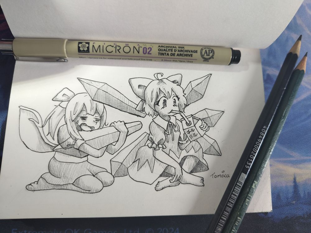 A traditional drawing of Daiyousei tightly hugging Cirno's wings.
