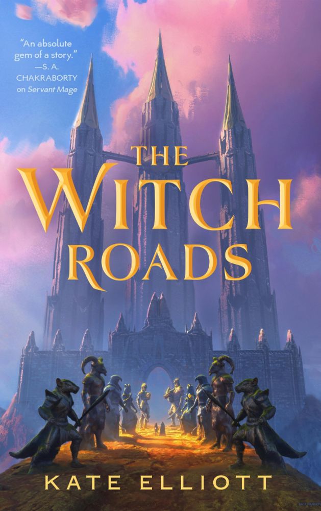 Cover of The Witch Roads by Kate Elliott has a purplish/pink background tone (but tasteful!). In the background rise three mysterious towers and a gateway. The path to the gateway is lined by massive statues of warriors with the bodies of humans and the heads of beasts. Two tiny figures stand in a splash of sunlight as they contemplate entering the compound with the towers.