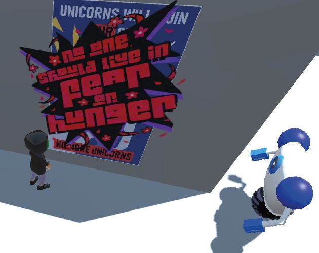 There is a graffiti sprayed at the wall that says "no one should live in fear or hunger" with a person standing in front of it and a bot approaching the person