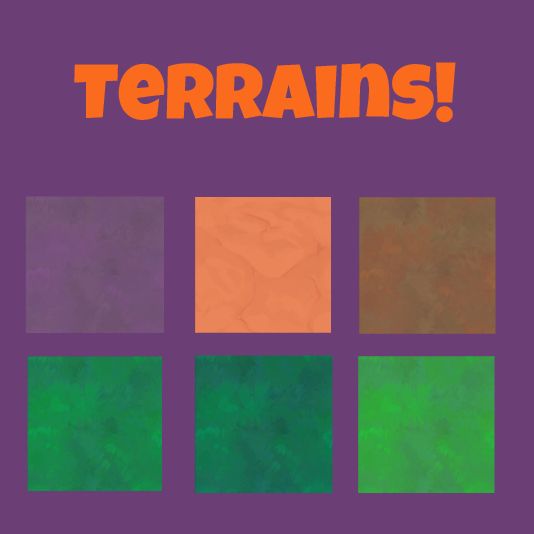 Text that reads "Terrains". Pictures of different terrain tiles.