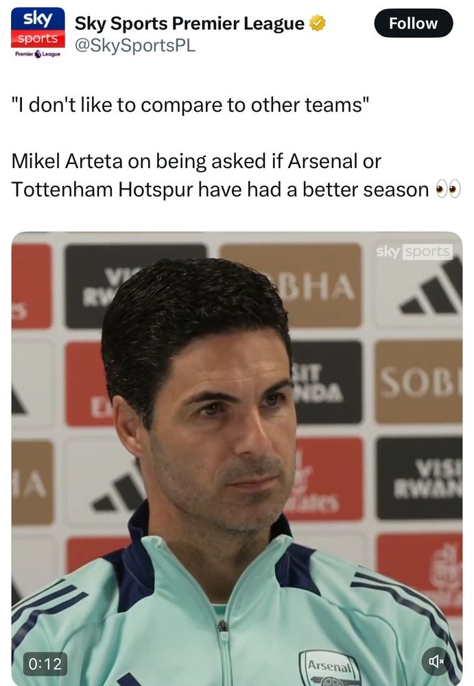 Mikel Arteta quoted as saying he doesn't like to compare to other teams 
