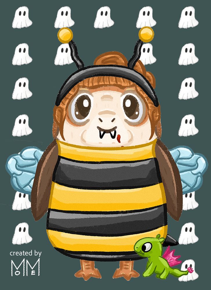 It’s Porg Maker by moem. Cute little porg with a bubble bee suit on. The background is little ghosts. Porg has Rey hair (three buns) and a little pet dragon at their feet. 