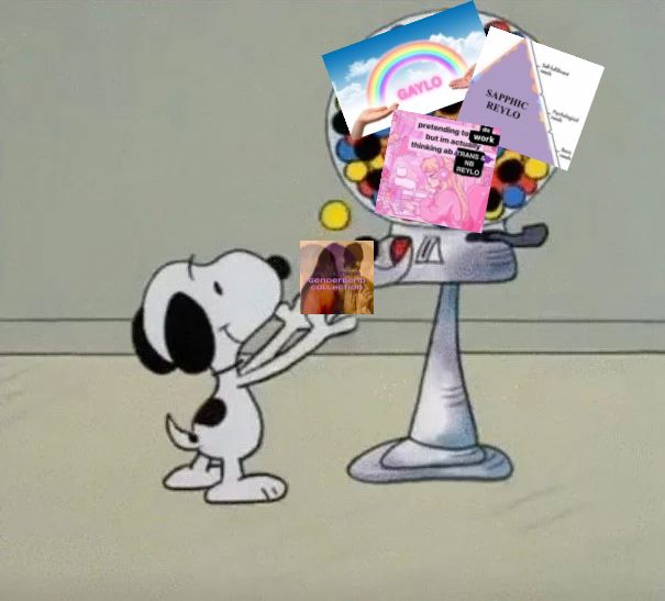 Snoopy with his hands held out under a gumball machine except instead of gumballs it’s reylo genderbend memes.