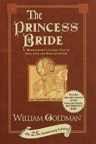 Brown textured book cover with minimal lettering for The Princess Bride and small lithograph style Renaissance woman on a horse graphic.