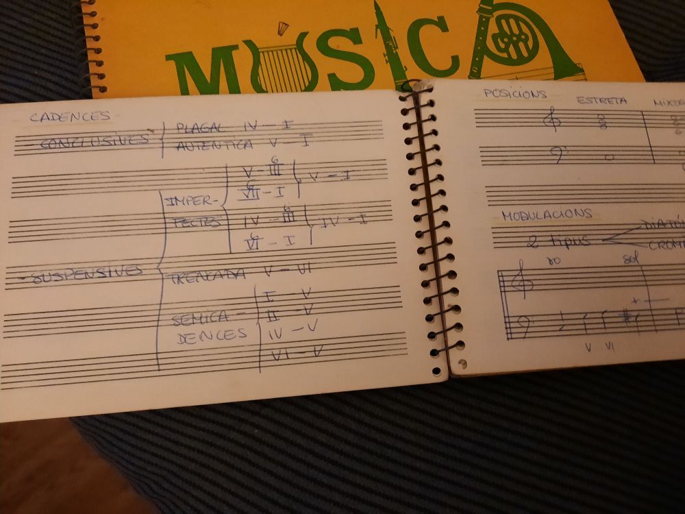 Apunts d'armonia en una llibreta de pentagrames. 