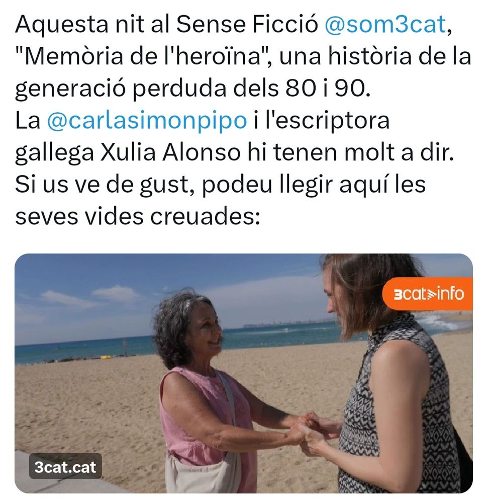 Sota del text hi ha una foto de dues dones en una platja agafant-se les mans de manera fraternal i afectuosa. Són la Carla Simón (cineasta) i la Xulia Alonso (escriptora). Totes dues van perdre éssers estimats per culpa de l'heroïna.
