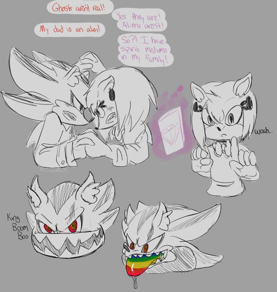 Doodles of Amy and Shadow dressed as Momo Ayase and Okarun from Dandadan. The first doodle says:
Shadow: Ghosts aren't real
Amy: Yes they are! Aliens aren't!
Shadow: My dad is an alien!
Amy: So?! I have spirit mediums in my family!
Other doodles include Amy using psychic powers to make a card float and Shadow with King Boom Boos features like his eyes and rainbow tongue.