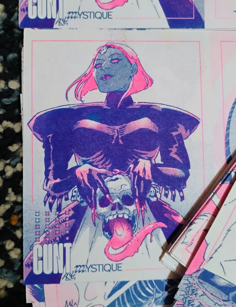 Risograph print in blue and Fluo pink of the Mystique page. The only reason she didn't get 5/5 score is because, well, she IS kinda mean and evil so we docked her a Charisma point