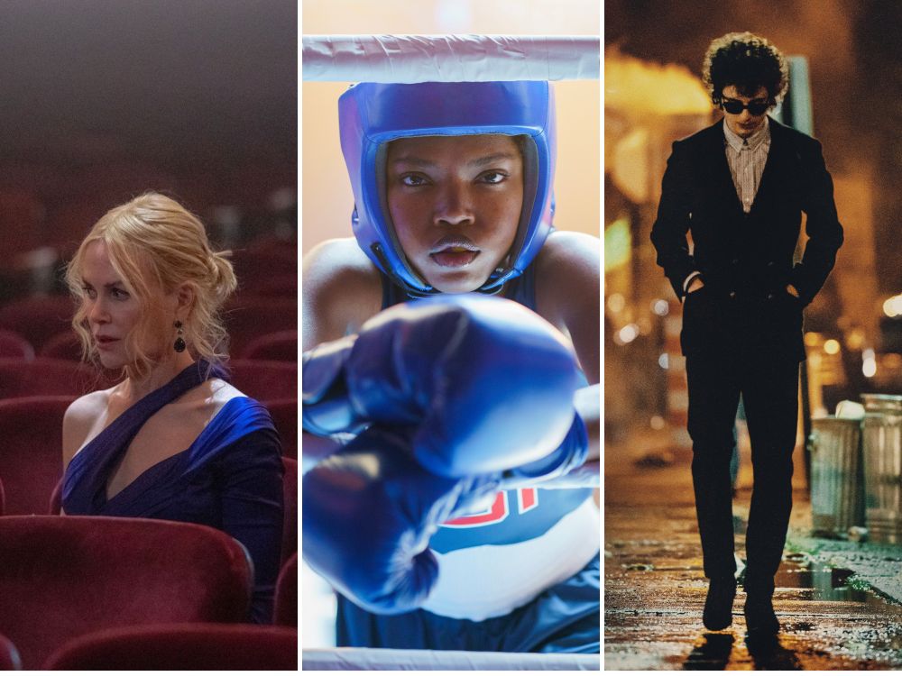 Image of Nicole Kidman sitting alone in a theater in BABYGIRL, Ryan Destiny in boxing gear looking at us in THE FIRE INSIDE, and Timothée Chalamet walking alone down a street in A COMPLETE UNKNOWN