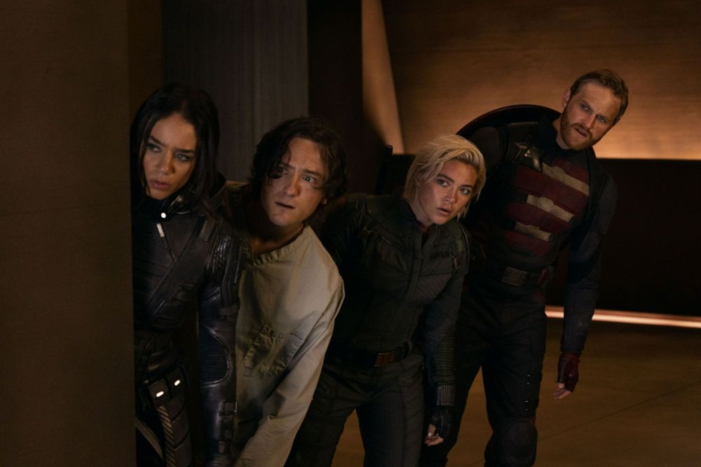 Hannah John-Kamen as Ava/Ghost, Lewis Pullman as Bob, Florence Pugh as Yelena, and Wyatt Russell as John Walker in THUNDERBOLTS*.