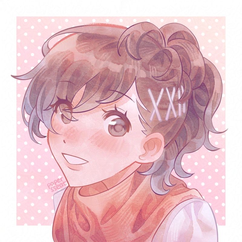 a smiling portrait of female mc / femc / kotone shiomi from persona 3 portable in her winter outfit, wearing a red scarf and white sweater 