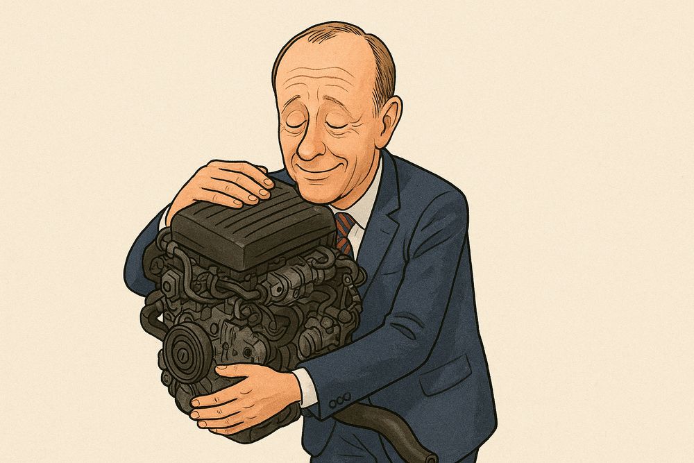 Eine KI-Zeichnung von Friedrich Merz, der mit geschlossenen Augen und leichtem Lächeln einen Verbrennungsmotor umarmt