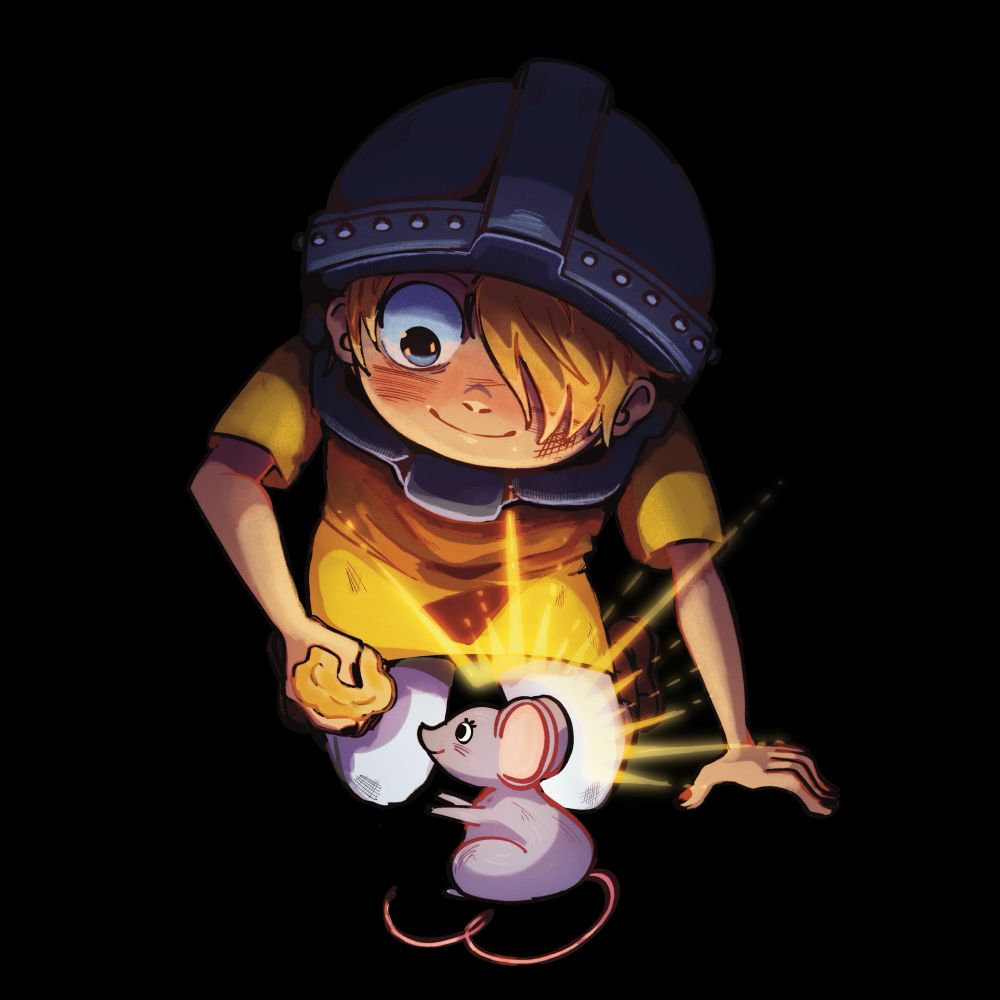 Child!Sanji wearing a helmet. Instead of eating, he is giving a piece of bread to a mouse with a smile on his face. 