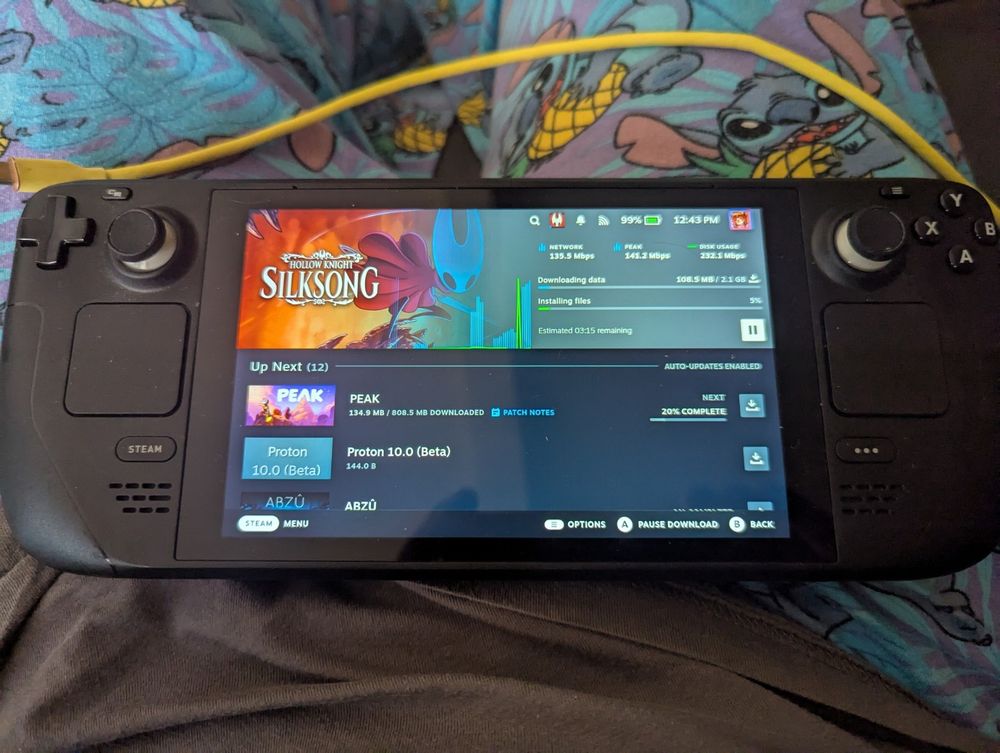 A photo of my Steam Deck downloading Silksong