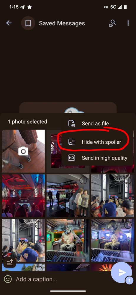 A photo of the media selection overflow menu with the "Hide with spoiler" menu option circled.