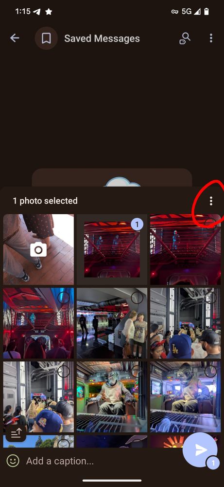A photo of the Telegram media selection dialogue with the overflow menu icon circled.