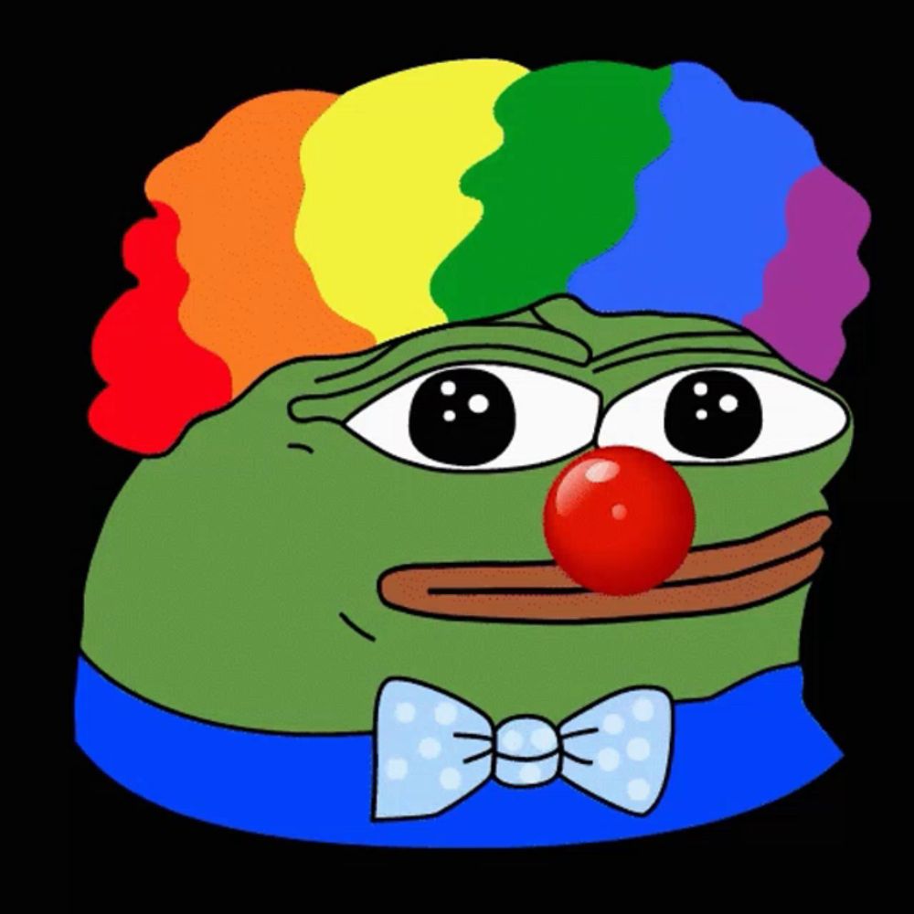 a green frog wearing a clown costume with a red nose and rainbow hair