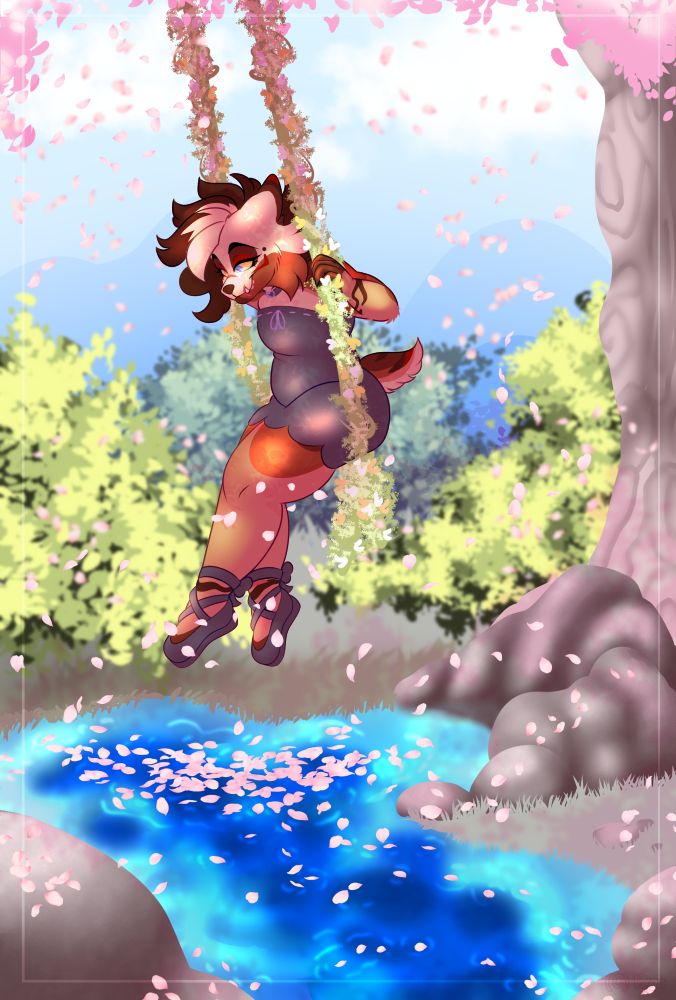 digitally painted piece of Peebs the striped hyena sitting and swinging on honeysuckle vines hanging from a cherry blossom tree, petals falling into the pond below them