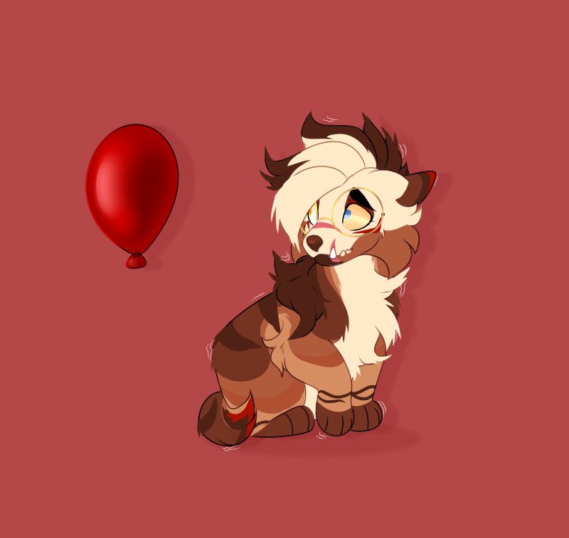 Peebs the hyena sitting hunched and scared eyeing a red balloon in horror
