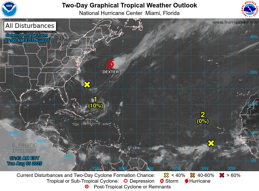 2-day tropical weather outlook probabilities overlaid on top of satellite imagery. 