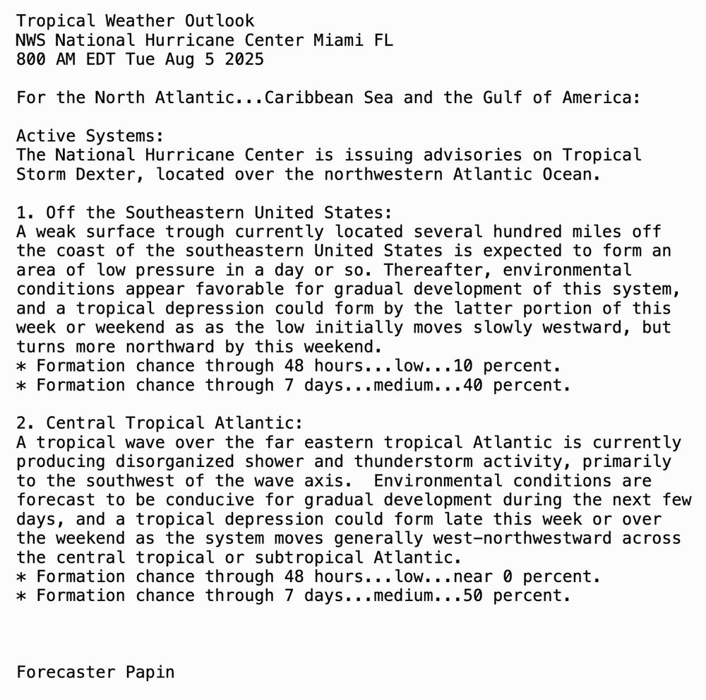 8am EDT August 5th Tropical Weather Outlook Text. 