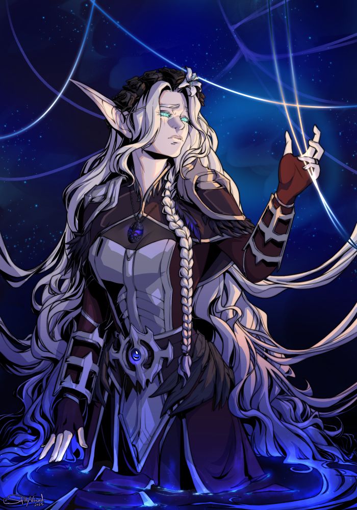 A blood elf woman from World of Warcraft, stood in a pool of deep blue starlight and reaching for twin glowing threads. Celysiel has extremely long white hair that falls into the waves and one long braid, with a crown of black roses and a white lily on her hair. She wears red, black and silver armour plated with dark feathers.