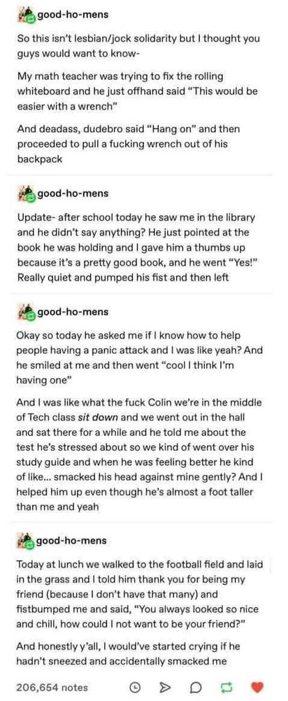 good-ho-mens
So this isn't lesbian/jock solidarity but I thought you guys would want to know-
My math teacher was trying to fix the rolling whiteboard and he just offhand said "This would be easier with a wrench"
And deadass, dudebro said "Hang on" and then proceeded to pull a fucking wrench out of his backpack
good-ho-mens
Update- after school today he saw me in the library and he didn't say anything? He just pointed at the book he was holding and I gave him a thumbs up because it's a pretty good book, and he went "Yes!" Really quiet and pumped his fist and then left
good-ho-mens
Okay so today he asked me if I know how to help people having a panic attack and I was like yeah? And he smiled at me and then went "cool I think I'm having one"
And I was like what the fuck Colin we're in the middle of Tech class sit down and we went out in the hall and sat there for a while and he told me about the test he's stressed about so we kind of went over his study guide and when he was feeling better he kind of like... smacked his head against mine gently? And I helped him up even though he's almost a foot taller than me and yeah
good-ho-mens
Today at lunch we walked to the football field and laid in the grass and I told him thank you for being my friend (because I don't have that many) and fistbumped me and said, "You always looked so nice and chill, how could I not want to be your friend?"
And honestly y'all, I would've started crying if he hadn't sneezed and accidentally smacked me
206,654 notes