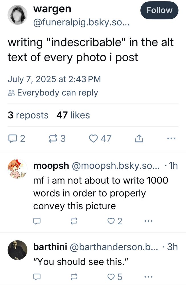 People bragging about deliberately unhelpful alt text on Bluesky posts: 

wargen
Follow
@funeralpig.bsky.so…
writing "indescribable" in the alt text of every photo i post
July 7, 2025 at 2:43 PM
₫ Everybody can reply
3 reposts 47 likes
2
© 47
仚
••
moopsh @moopsh.bsky.so... • 1h mf i am not about to write 1000 words in order to properly convey this picture
口
02
・・・
barthini @barthanderson.b... •3h
"You should see this."
0 5