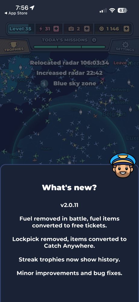 Screenshot of Skycards game with What’s New? screen. Version 2.0.11. Text reads: Fuel removed in battle, fuels items converted to free tickets. Lockpick removed, items converted to Catch Anywhere. Streak trophies now show history. Minor improvements and bug fixes.