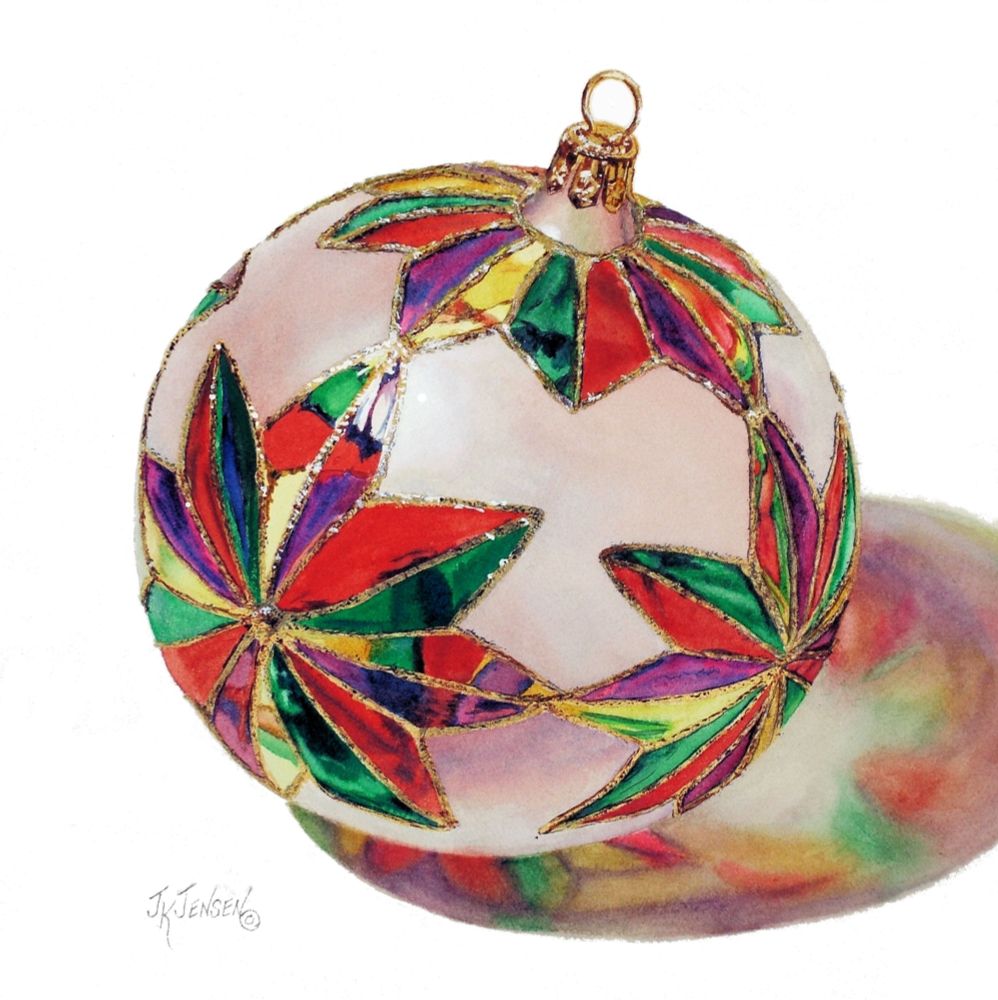 Watercolor painting of holiday tree ornament.