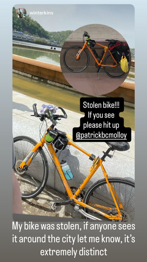 Two pictures of my bike pulled from an Instagram story. It’s an orange specialized sirrus elite with purple flowers on the handlebars.