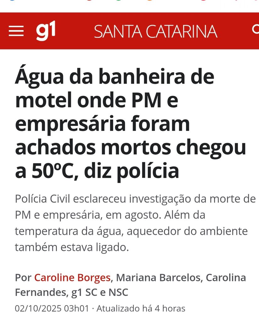 Notícia do g1 onde se lê: Água da banheira de motel onde PM e empresária foram achados mortos chegou a 50°C, diz polícia