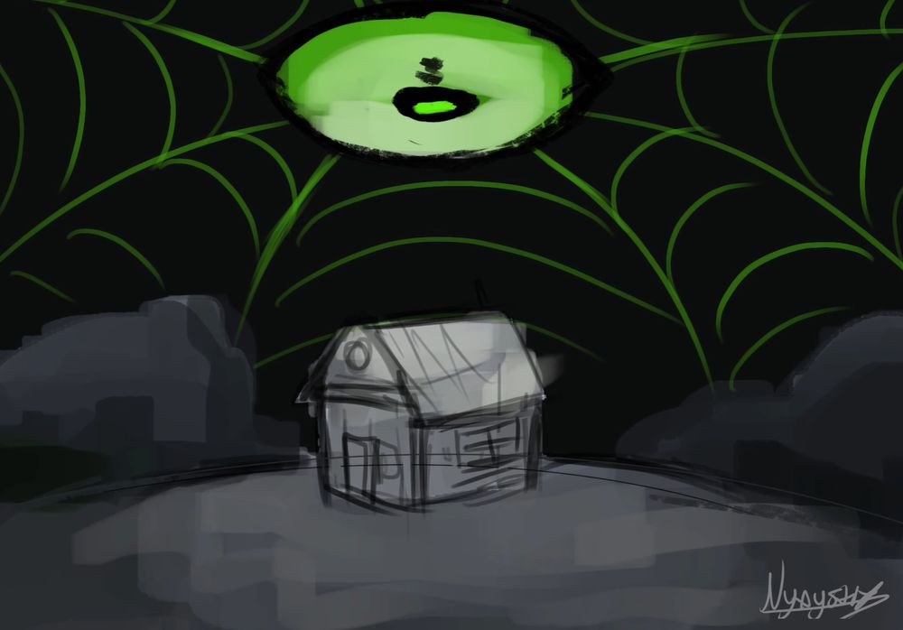 mostly monochrome landscape of a lonely house on a small hill. the ambiance is dark, the sky being completely black if it wasn't for the large green eye in the sky protruding cobwebs across the sky. The scelara is vibrant green, with the iris being black, contrasting the rest of the image. 