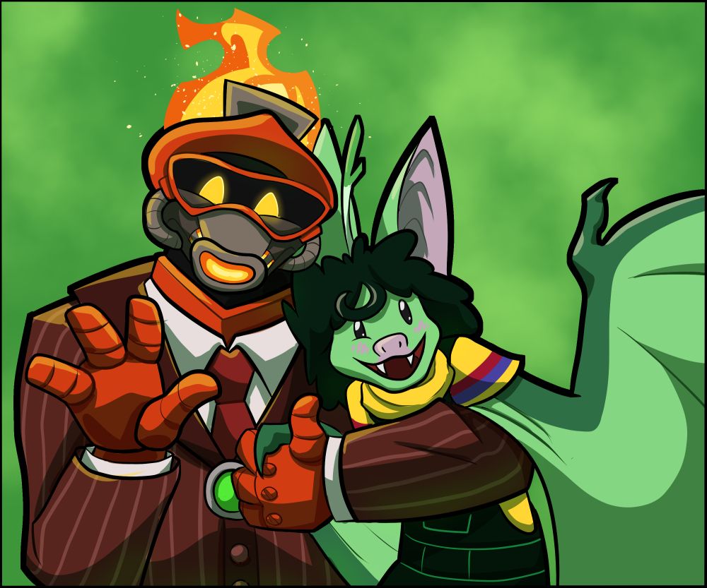 A colored drawing of Flint Bonpyre/The Firestarter from TTCC next to Minty, a green cartoon bat. Flint is holding Minty up. The background is green with a cloudy texture.